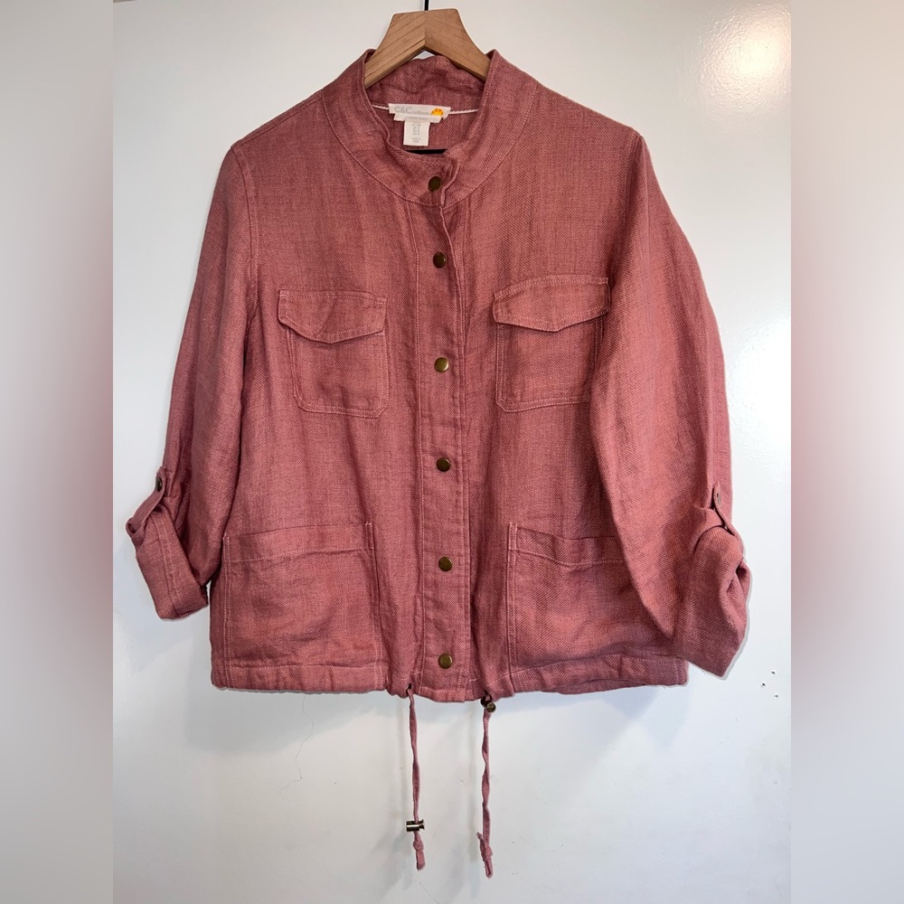 C & C CALIFORNIA rose, pink linen roll sleeve, snap front jacket, size medium